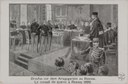 Dreyfus vor dem Kriegsgericht zu Rennes: le conseil de guerre à Rennes 1899, schwarz-weiß illustrierte Postkarte, 9 x 14 cm, 1899, unbekannter Künstler; Bildquelle: Xavier Granoux: L'Affaire Dreyfus: catalogue descriptif des cartes postales illustrées françaises et étrangères parues depuis 1894, Paris 1903, S. 94, Digitalisat: Ville de Paris / BHVP / Roger-Viollet, Signatur CPA-1090-(001-002), http://bibliotheques-specialisees.paris.fr/ark:/73873/pf0001481994/v0001.simple.selectedTab=record, gemeinfrei.