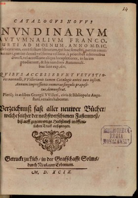 Willer, Georg: Catalogus Novus Nundinarum Autumnalium Francofurti...,  1599 IMG