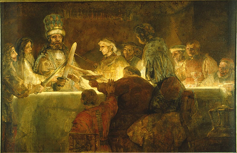 Rembrandt Harmenszoon van Rijn (1606–1669), Die Verschwörung des Claudius Civilis, Öl auf Leinwand, 196x309 cm, ca. 1660; Bildquelle © Nationalmuseum Stockholm, http://emp-web-22.zetcom.ch/eMuseumPlus?service=ExternalInterface&module=collection&objectId=17581&viewType=detailView.