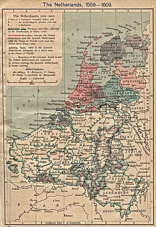 Die Niederlande 1559–1609, Karte, 1923, unbekannter Ersteller; Bildquelle: Shepherd, William R.: The Historical Atlas, New York 1923. Digitalisat: The University of Texas at Austin, http://www.lib.utexas.edu/maps/historical/shepherd/netherlands_1559-1608.jpg