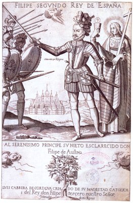 Philipp II. als Verteidiger des rechten Glaubens, Radierung, 1619, unbekannter Künstler; Bildquelle: Luis Cabrera de Córdoba: Felipe Segundo Rey de España,  Madrid 1619.