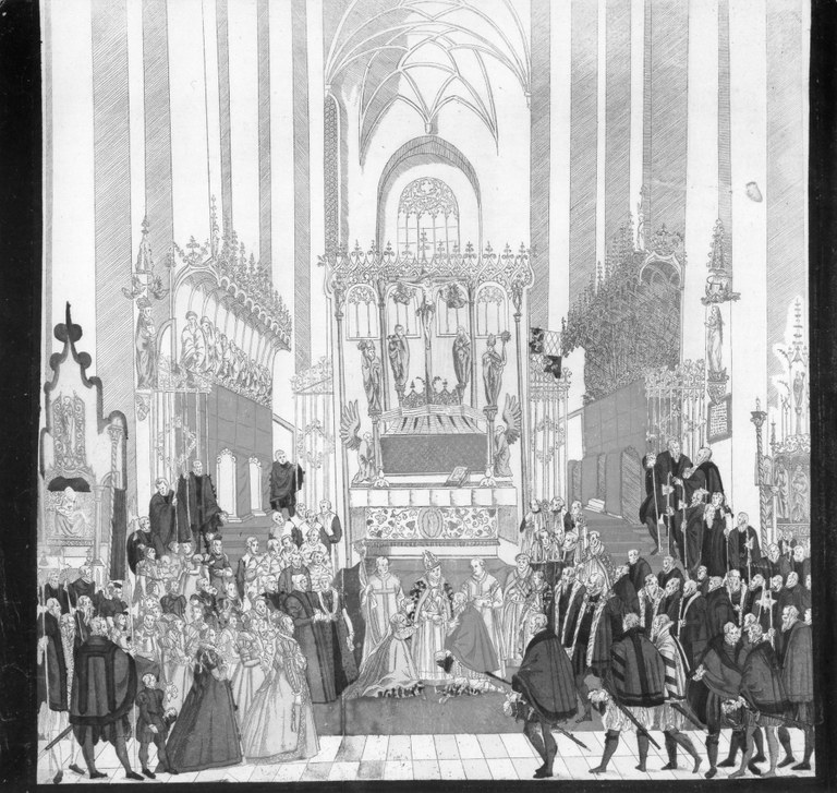 Nikolaus Solis (ca. 1542–1584), Die Münchner Fürstenhochzeit von 1568 (Brautmesse), Stahlstich, angefertigt im Auftrag des bayerischen Herzogs Wilhelm V. (1548–1626), ca. 1568; Bildquelle: Staatliche Graphische Sammlung München, Inventarnummer: 1910:226-32 D