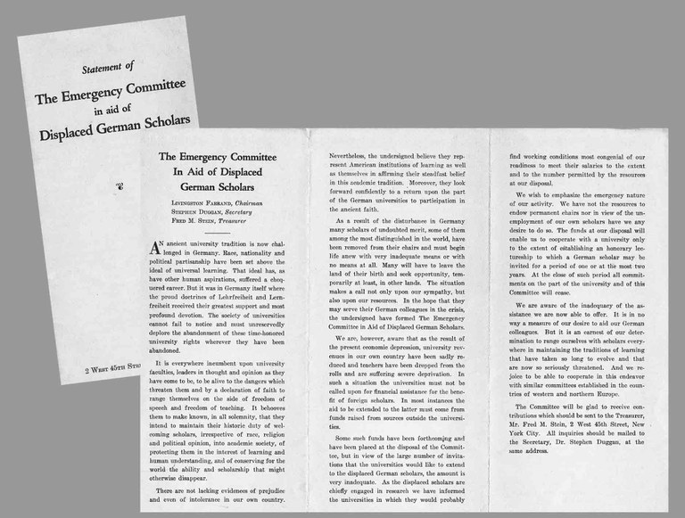 Farrand, Livingston / Duggan, Stephen / Stein, Fred M.: Statement of the Emergency Committee in Aid of Displaced German Scholars, New York, 1933.