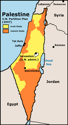 Der UN-Teilungsplan von 1947; Karte, 1973; Bildquelle: U.S. Central Intelligence Agency (Hg.): Issues in the Middle East: Atlas, 1973. http://commons.wikimedia.org/wiki/File:UN_Partition_Plan_For_Palestine_1947.png, gemeinfrei.