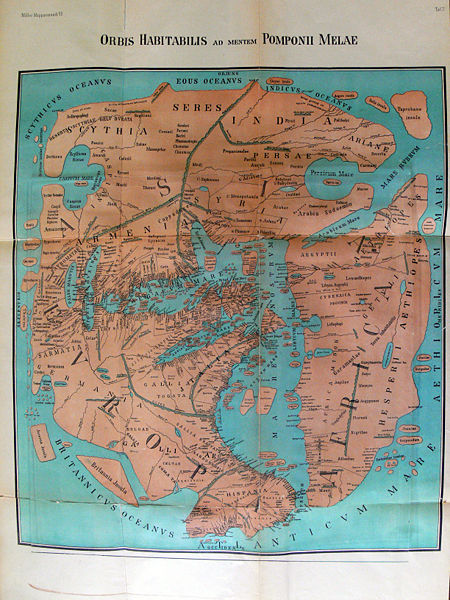 Weltkarte des Pomponius Mela (43 n. Chr.) in einer Rekonstruktion von 1898; Bildquelle: Miller, Konrad: Mappae mundi: Die ältesten Weltkarten, Stuttgart 1898, vol. 6: Rekonstruierte Karten : Mit 58 Clichés (darunter 49 Karten) im Text und 8 Kartenbeilagen, wikimedia commons http://de.wikipedia.org/w/index.php?title=Datei:Karte_Pomponius_Mela.jpg&filetimestamp=20080513195402.  