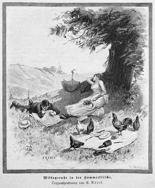 Mittagsruhe in der Sommerfrische, schwarz-weiß Illustration nach einer Originalzeichnung von Edouard John E. Ravel (1847–1920); Bildquelle: Die Gartenlaube: Illustrirtes Familienblatt, Leipzig 1887, wikimedia commons http://commons.wikimedia.org/wiki/File:Die_Gartenlaube_(1887)_b_533.jpg.