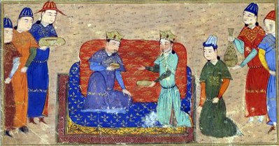 Sayf al-Vâhidî: Dschingis Khan (1162–1227) und Toghril Ong Khan, 1430, in: Rashîd al-Dîn Fazl-Ullâh / Djâmi' al-Tavârîh: Supplément persan 1113, fol. 105; Bildquelle: Bibliothèque nationale de France, http://mandragore.bnf.fr/jsp/switchExpert.jsp?division=Mix&desc=toghril.ong.khan&idDesc=11918. 