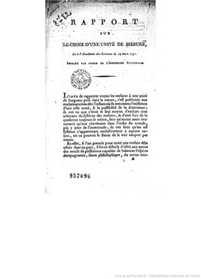 Titelblatt des "Rapport sur le choix d'une unité de mesures", 1791 (IMG)