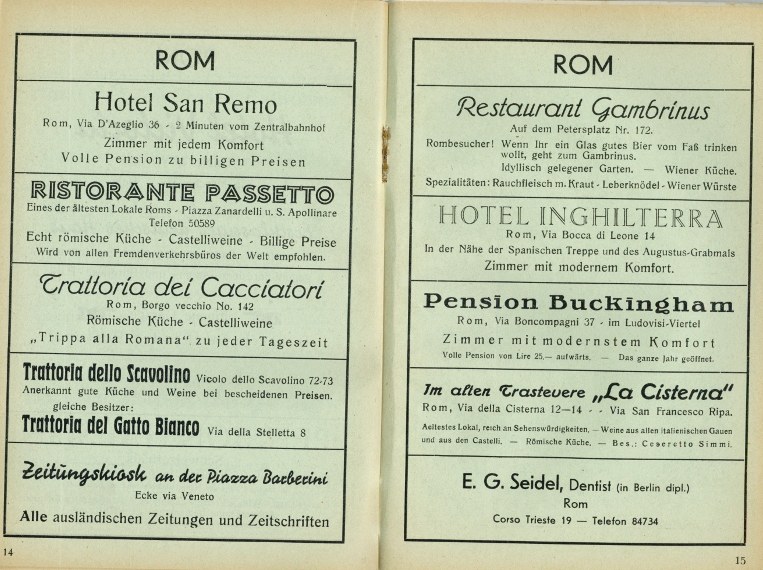 Werbeanzeigen für italienische Lokale in Roma aus dem Anhang des 1937 erschienenen gastronomischem Reiseführer von Johann Wiesel; Bildquelle: Wiesel, Johann M.: Das neue Osterienbuch: Kulturgeschichtlicher und gastronomischer Führer durch die italienischen Schenken, Osterien und Tavernen, Rom 1937, S. 14–15 [Anhang].