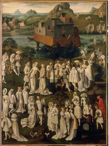 Hochzeitsfest am Hofe Philipps des Guten, Herzog von Burgund, im "Garten der Liebe" bei Schloss Hesdin im Jahre 1432; Kopie eines zeitgenössischen Gemäldes, Öl auf Leinwand, Bildmaß 164 x 120 cm; 16 Jh., unbekannter Künstler; Bildquelle: Bildagentur für Kunst, Kultur und Geschichte (bpk) | RMN | Gérard Blot, Bildnummer 00056477.