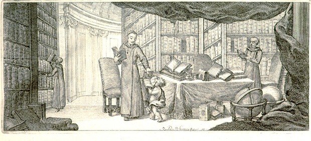 Unbekannter Künstler, Mauriner suchen in einer Bibliothek nach Handschriften, [o.J.]; Bildquelle: Praefatio ad eruditum lectorem in sequentes duas Sancti Augustini Hipponensis Episcopi Epistolas. I. In: Sancti Aurelii Augustini Hipponensis Episcopi ad Optatum Episcopum Milevitanum de natura et origine animae epistola secunda. vol. 11., Venedig, 1735. 