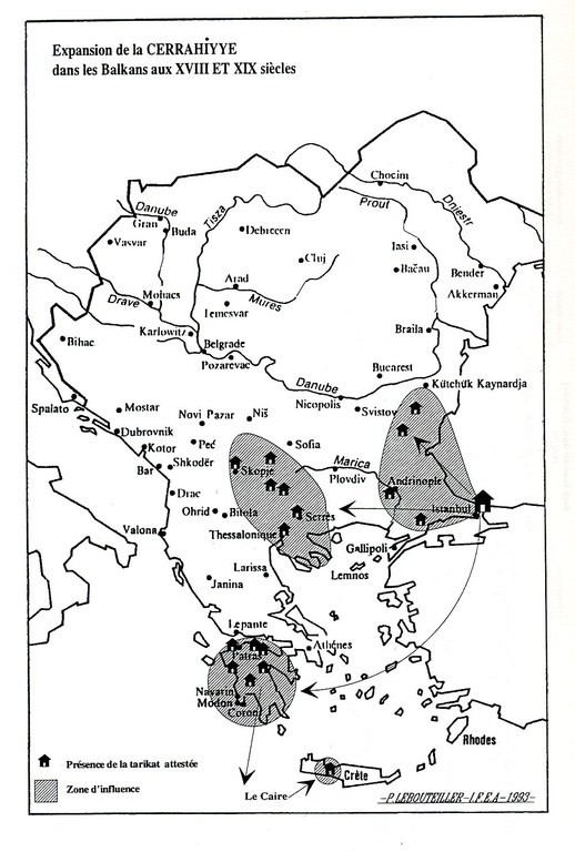 Expansion of the Jerrahiyye brotherhood in the Balkans in the 18th and 19th centuries, map, author: Pascal Lebouteiller; source: Clayer, Nathalie: Mystiques, Etat et Société: Les Halvetis dans l'aire balkanique de la fin du XVe siècle à nos jours, Leiden 1994.