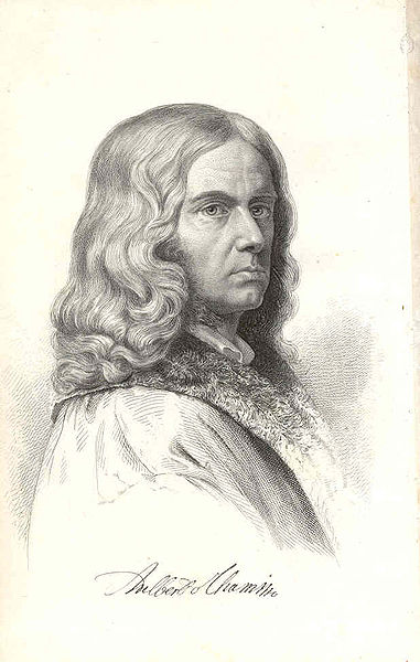 Portrait Adelbert von Chamisso (1781–1838), Stahlstich, o. J. [vor oder 1864], unbekannter Künstler; Bildquelle: Chamisso, Adelbert von: Werke, 5. Aufl., Berlin: Weidmannsche Buchhandlung 1864, vol. 1, S. 2, wikimedia commons, http://commons.wikimedia.org/wiki/File:Chamisso.portrait.jpg