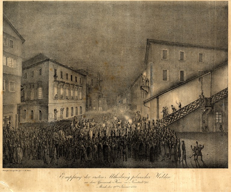 C. M. Thum, Empfang der ersten Abtheilung polnischer Helden an dem Gemeinde Haus zu Neustadt a/H. Abends den 19ten Januar 1832, Steinzeichnung, o. J. [um 1832]; Bildquelle: Mit freundlicher Genehmigung des Stadtmuseums Neustadt. http://www.stadtmuseum-neustadt.de/