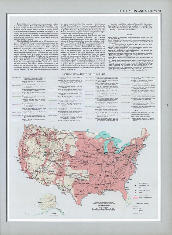 U.S. Dept. of the Interior, Geological Survey, Exploration and Settlement 1850-1890, in: The National Atlas of the United States of America (Arch C. Gerlach, editor). Washington, D.C.: U.S. Dept. of the Interior, Geological Survey, 1970. Source: Perry-Castañeda Library Map Collection. Courtesy of the University of Texas Libraries, The University of Texas at Austin. http://www.lib.utexas.edu/maps/united_states/exploration_1850.jpg, public domain. 