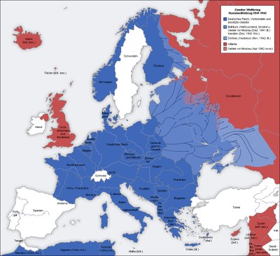 San Jose: Zweiter Weltkrieg Europa 1941-1942, Karte, 2005, Quelle: Wikimedia Commons: https://commons.wikimedia.org/wiki/File:Second_world_war_europe_1941-1942_map_de.png, CC BY-SA 3.0 DE.