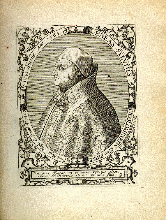 Jean-Jacques Boissard (1528–1602), Porträt Aeneas Sylvius Piccolomineus (1405–1464), Kupferstich, 1669, Quelle: Bibliotheca chalcographica, hoc est Virtute et eruditione clarorum Virorum Imagines. Heidelberg: Clemens Ammon, 1669, Digitalisat der Universität Mannheim, MATEO, http://www.uni-mannheim.de/mateo/desbillons/aport/seite32.html. 