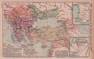 William R. Shepherd: Dismemberment of the Ottoman Empire since 1683; insets: Southwestern Crimea, 1854. Plan of Sevastopol, 1854-1855. Map from the Historical Atlas by William R. Shepherd, 1923. Source: Perry-Castañeda Library Map Collection. Courtesy of the University of Texas Libraries, The University of Texas at Austin. http://www.lib.utexas.edu/maps/historical/shepherd/ottoman_dismemberment.jpg, public domain. 